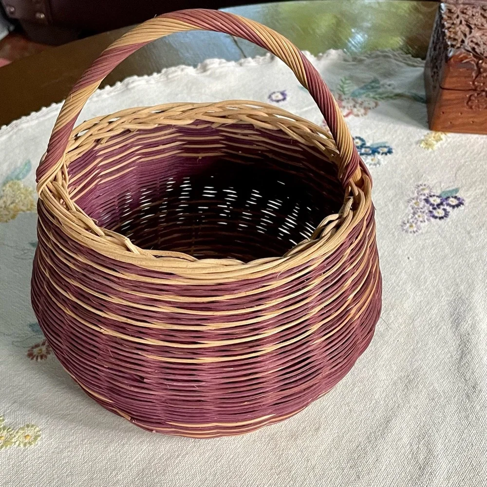 Vintage Hand Woven Round Reed Basket. Purple and Natural Color Striped. 9
